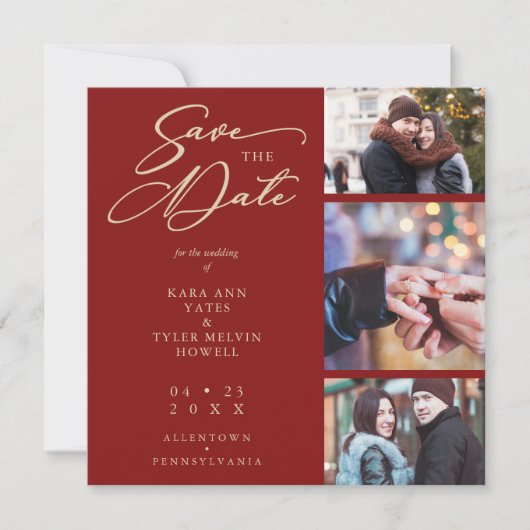 Donkerrood Fancy collage 3 Foto's paardenweddensch Save The Date (Voorkant)