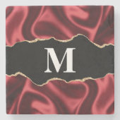 Donkerrood glam Wavy Satin Abstract monogram Stenen Onderzetter (Voorkant)