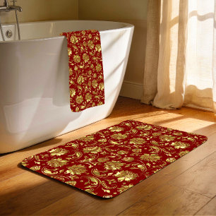 Donkerrood & Glanzend Goud Damast Patroon Badmat