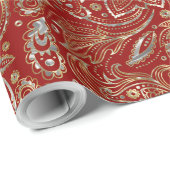 Donkerrood & Glanzend Zilver & Goud Bloemen Paisle Cadeaupapier (Rol Hoek)