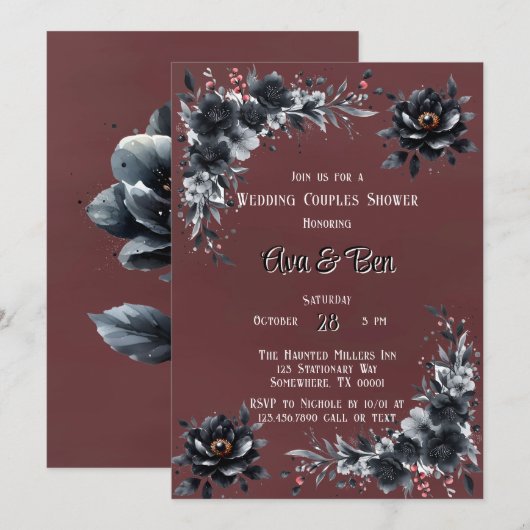 Donkerrood Gotisch Zwart Bloemen Trouwpaar Douche Kaart (Voorkant / Achterkant)