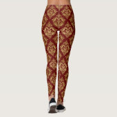 Donkerrood & Goud Bloemen Damast Geometrisch Patro Leggings (Achterkant)
