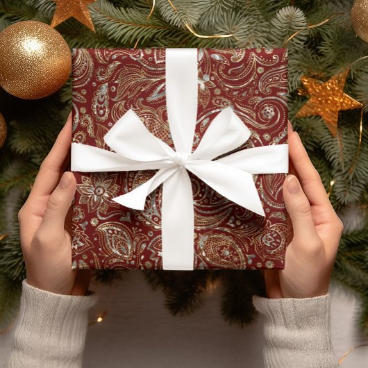 Donkerrood & Goud Bloemen Paisley Cadeaupapier