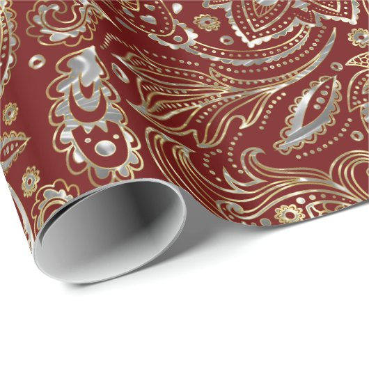 Donkerrood & Goud Bloemen Paisley Cadeaupapier (Rol Hoek)