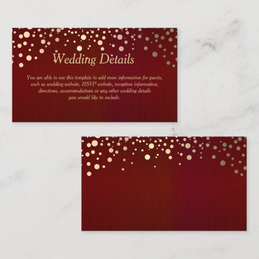Donkerrood & Goud Confetti Stippen - Trouwdetails Informatiekaartje (Voorkant / Achterkant)