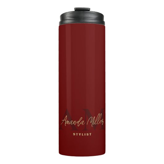 Donkerrood Goud Modern Aangepast Monogram Minimaal Thermosbeker (Voorkant)