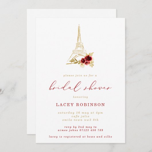 Donkerrood & Gouden Bloemen Eiffeltoren Vrijgezell Kaart (Voorkant / Achterkant)