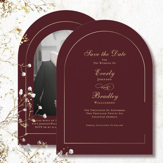 Donkerrood Gouden Boog Bruiloft Save the Date Kaart