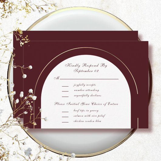 Donkerrood gouden kader script menu selectie RSVP