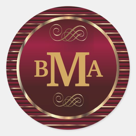Donkerrood & Gouden Monogram Envelopzegel Ronde Sticker (Voorkant)