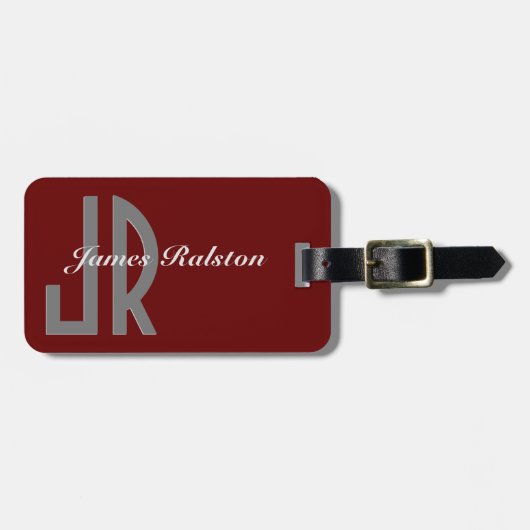 Donkerrood, grijs en wit monogram, aan te passen bagagelabel (Voorkant horizontaal)