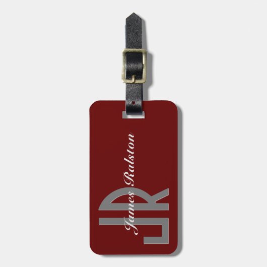 Donkerrood, grijs en wit monogram, aan te passen bagagelabel (Voorkant verticaal)