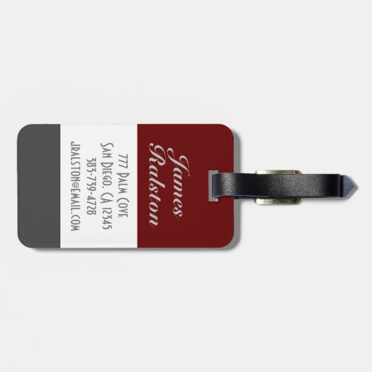 Donkerrood, grijs en wit monogram, aan te passen bagagelabel (Achterkant horizontaal)