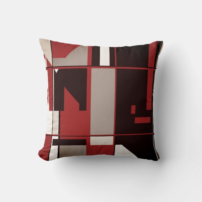 Donkerrood Grijs Zwart Taupe Wit Geometrisch Mozaï Kussen (Voorkant)