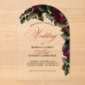 Donkerrood groen bloemenmoody gotische trouwboog acryl uitnodigingen (Voorkant)