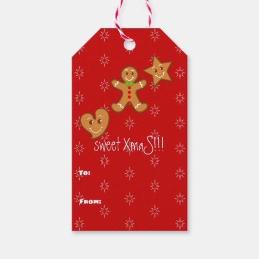 Donkerrood-groen, zoete XmaS Gingerbrood-CandyCane Cadeaulabel (Voorkant)