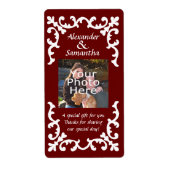 Donkerrood huwelijksgeschenk of gunstetiket etiket (Voorkant)