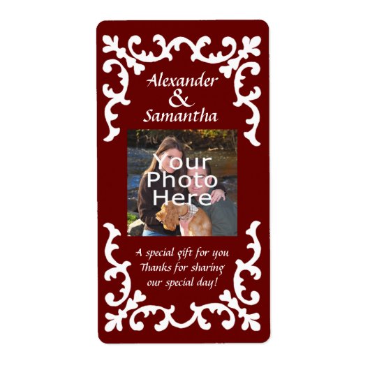 Donkerrood huwelijksgeschenk of gunstetiket etiket (Voorkant)