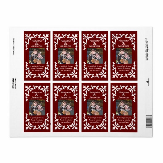 Donkerrood huwelijksgeschenk of gunstetiket etiket (Full Sheet)