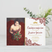 Donkerrood Kant & Glitter Gold Princess Quinceañer Kaart (Staand voorkant)