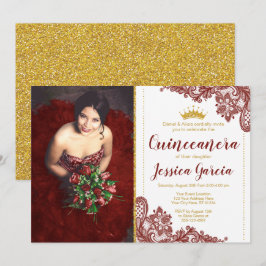 Donkerrood Kant & Glitter Gold Princess Quinceañer Kaart