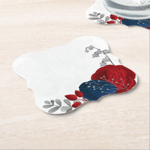 donkerrood & marineblauwe bloemen zilver kartonnen onderzetters