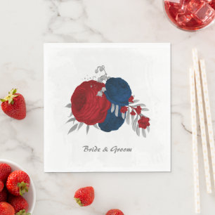 donkerrood & marineblauwe bloemen zilver servet