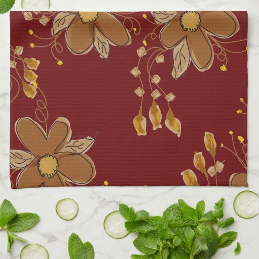 Donkerrood met bruine bloem theedoek (Gevouwen)