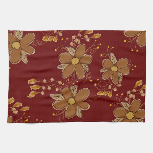 Donkerrood met bruine bloem theedoek (Horizontaal)