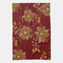 Donkerrood met bruine bloemen theedoek