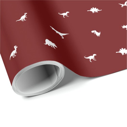 Donkerrood met witte dinosaurus silhouetten cadeaupapier (Rol Hoek)