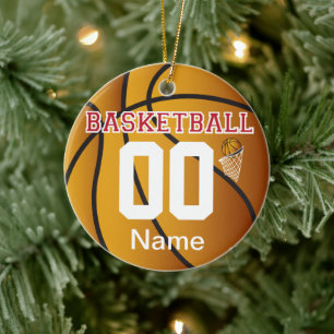 Donkerrood personaliseer Basketball met nummer Keramisch Ornament