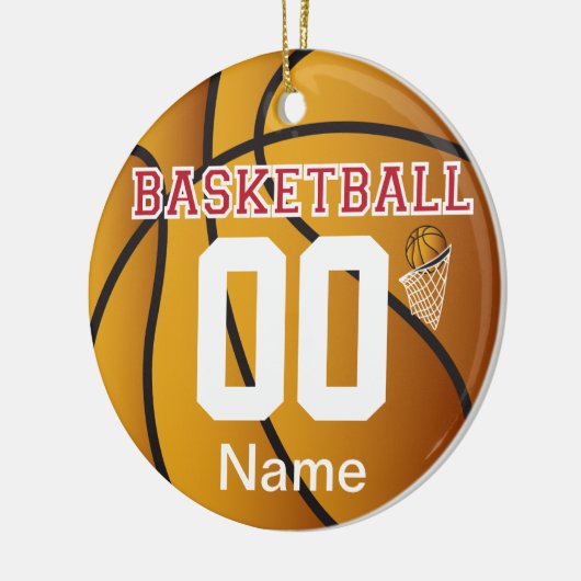 Donkerrood personaliseer Basketball met nummer Keramisch Ornament (Links)