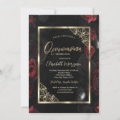 Donkerrood Roses Goud Lijst Zwart Quinceañera Kaart (Voorkant)
