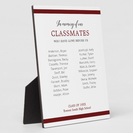 Donkerrood ter nagedachtenis van klasgenoten Names Fotoplaat (Zijkant)