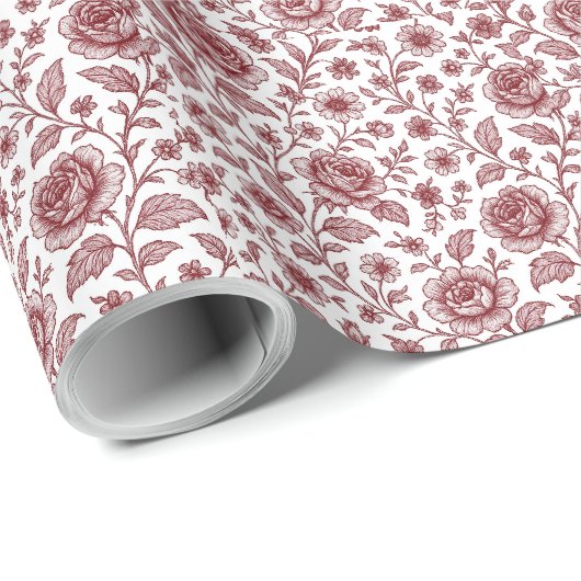 Donkerrood Vintage Rozenpatroon Cadeaupapier (Rol Hoek)