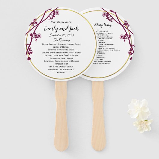 Donkerrood Violet Paarse Wildflower bruiloft progr Handwaaier (Voorkant en achterkant)