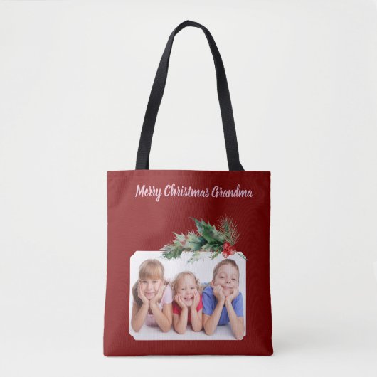 Donkerrood Vrolijk Kerstfeest Oma Foto Tote Bag (Voorkant)