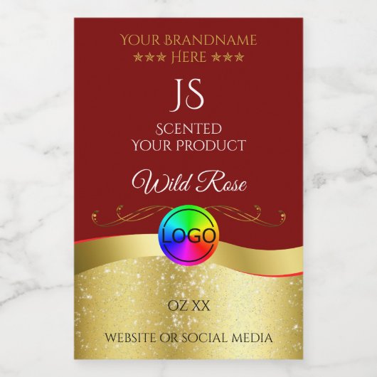 Donkerrood Wavy Gold Logo Monogram Productlabel Voedselcontainer Etiket (Enkel label)