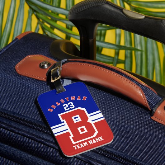 Donkerrood, wit en blauw sportontwerp bagagelabel (Voorkant Insitu 1)
