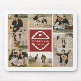 Donkerrood wit monogram & jaarlijkse foto-inklage muismat