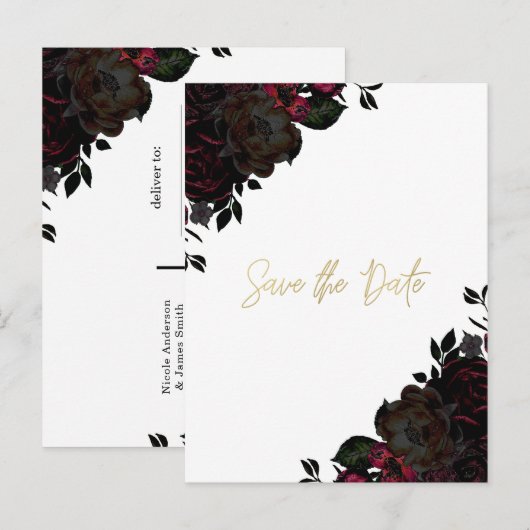 Donkerrood & Zwart Bloemmotief Gotische 'Save the  Aankondigingskaart (Voorkant / Achterkant)