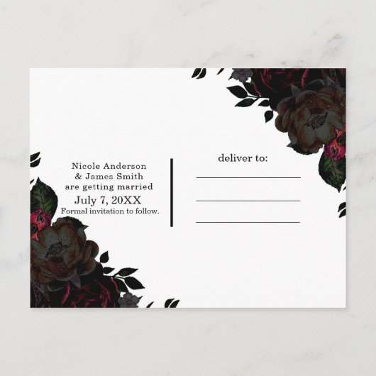 Donkerrood & Zwart Bloemmotief Gotische 'Save the  Aankondigingskaart (Achterkant)