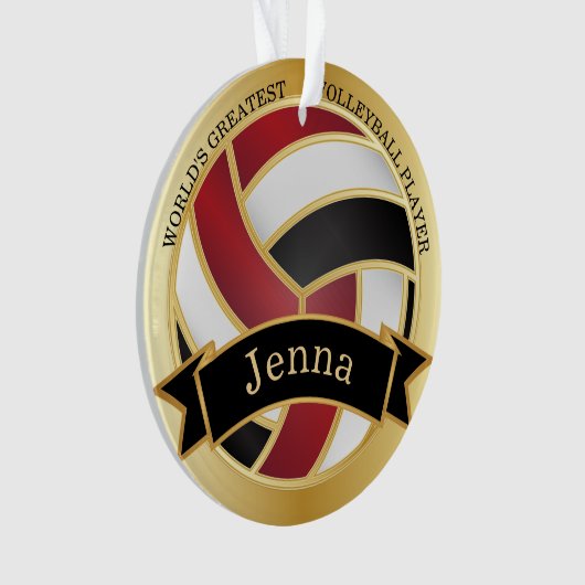 Donkerrood, zwart en goudvolleybal | DIY-naam Ornament (voorkant)