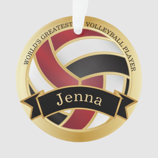 Donkerrood, zwart en goudvolleybal | DIY-naam Ornament (voorkant)