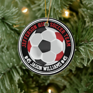 Donkerrood, zwart & wit Voetbal ⚽ Keramisch Ornament