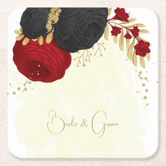 donkerrood & zwarte bloemen goud kartonnen onderzetters (Voorkant)