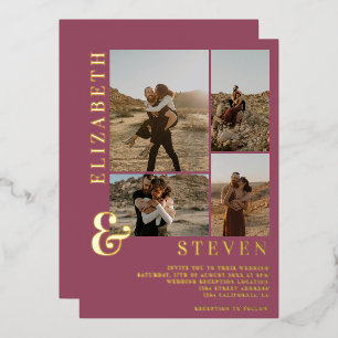 Donkerroze ampersand 4 foto grid bruiloft folie uitnodiging