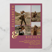 Donkerroze ampersand 4 foto grid bruiloft folie uitnodiging (Voorkant)