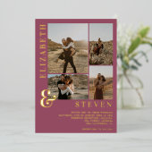 Donkerroze ampersand 4 foto grid bruiloft folie uitnodiging (Staand Voorkant)